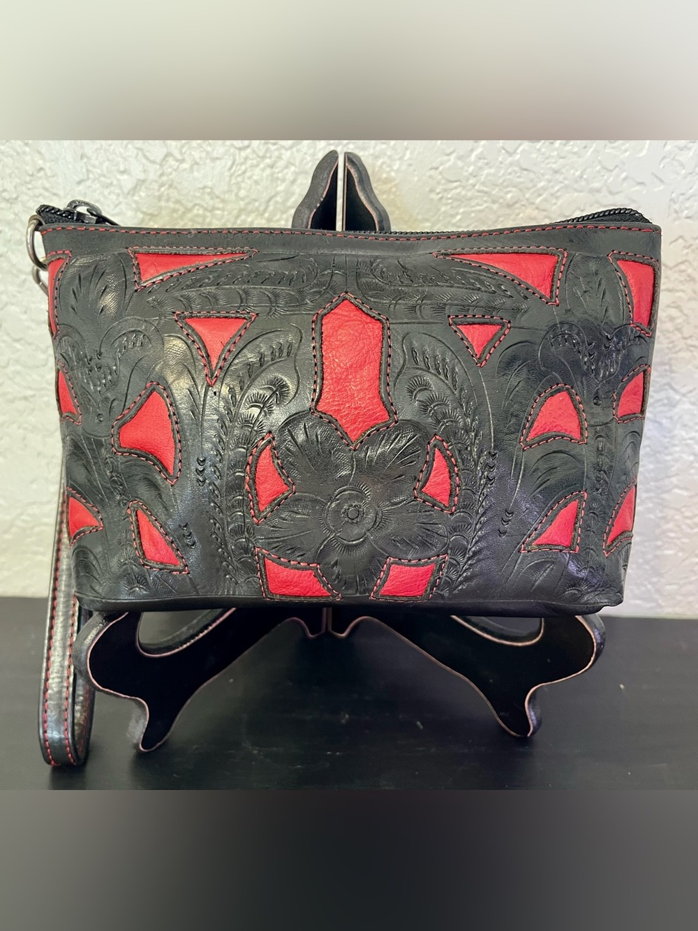 Leathers in Leather Black & Red hand Tooled Leather Wristlet - Floral Design
